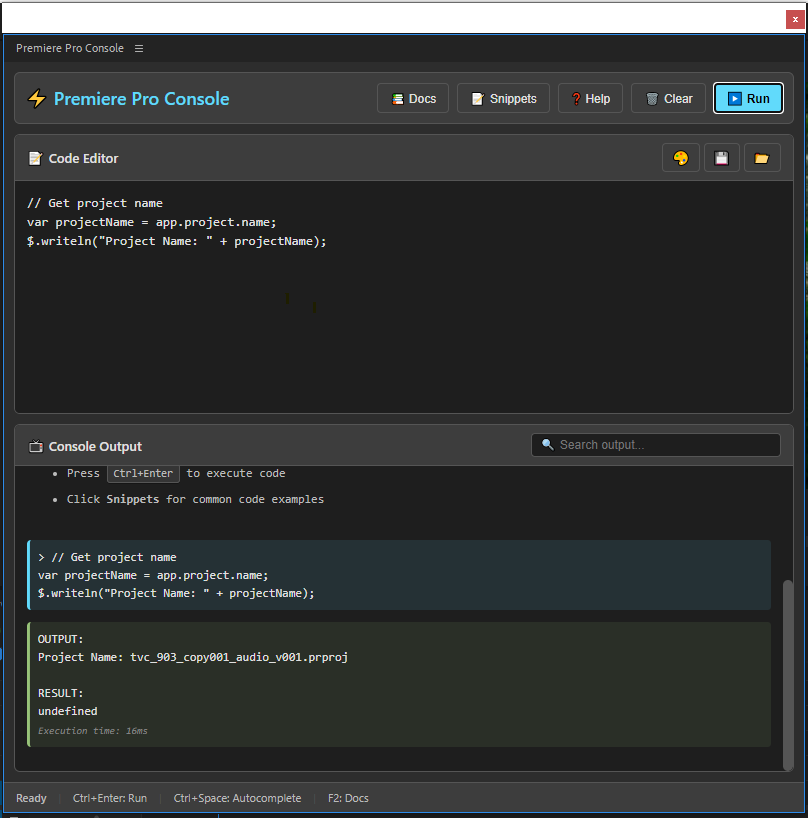 Premiere Pro Console Screenshot